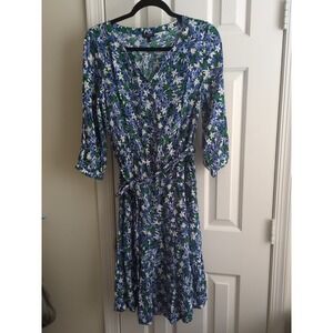Talbots Petite Blue, Green & White Floral Dress W/Belt Size 8P